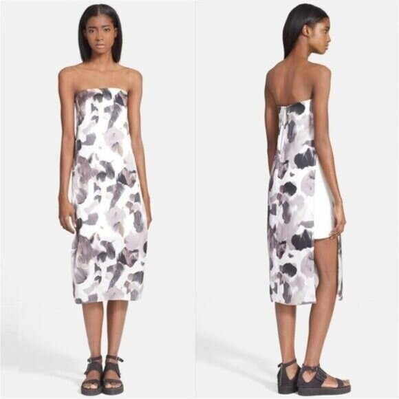 Helmut Lang Crypsis Print Strapless Silk Dress Size 4 Gray Multi - Picture 9 of 14